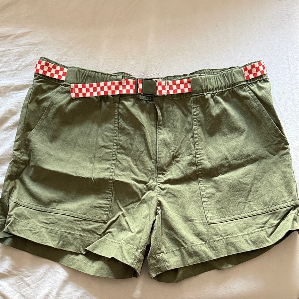Eddie Bauer Olive Hiking Shorts with Red Checkered Belt